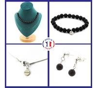 Parure Braccialetto Collana Orecchini Pulci 20 Perle Lava 8 Mm. Taglia Pe