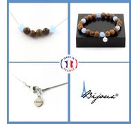 Parure Braccialetto Collana Perle Acquamarina + Legno 8 Mm. Catena IN Taglia