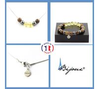 Parure Braccialetto Collana Perle Citrino + Ematite + Legno 8 Mm. Catena Taglia