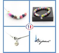 Parure Braccialetto Collana Perle Diaspro Rosa Giallo + Arancione Blu + Taglia