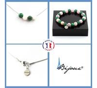 Parure Braccialetto Collana Perle Opale Rosa + Malachite 8 Mm. Catena A Taglia
