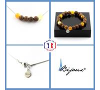 Parure Braccialetto Collana Perle Sardonyx Giallo + Legno 8 Mm. Catena Per