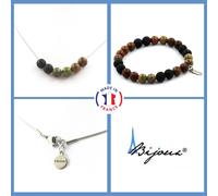 Parure Braccialetto Collana Perle Unakite + Lava + Legno 8 Mm. Catena A Taglia