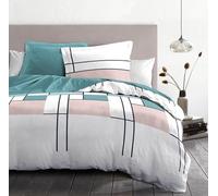 Parure copripiumino 200 x 200 cm - 3 pezzi - morbido percalle di cotone - federa + federe - bianco e blu pastello - modello L'intrigante