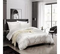 Parure copripiumino 240 x 260 bianco beige raso tinta unita set biancheria da letto matrimoniale satinato a righe in seta liscia e setosa lucida con cerniera e 2 x 65 x 65 cm federe
