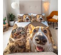 Parure Copripiumino Matrimoniale 155x220cm Gatto Carino Cane Motivo 3D Set di Biancheria da Letto Con Microfibra Comfort Morbida 2 Federe 50x75con Cerniera e Fascette Angolari