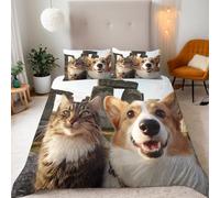 Parure Copripiumino Matrimoniale 220x240 cm Gatto Carino Cane Set Copripiumino 3D Microfibra 2 Federe 50x75 con Ultra Angoli Fissi e Cerniera Morbido Leggero e Facile da Lavare