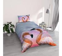 Parure Copripiumino stampa digitale GOODNIGHT - Made in Italy 100% microfibra con trattamento Mano Pesca - Sacco Piumino letto Singolo 150x200 cm con patella + 1 federa - FLAMINGO