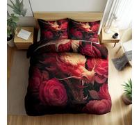 Parure da letto, 140 x 200 cm, per adulti, ragazzo, ragazza, fantasia rosa drago cinese rabbia, copripiumino in microfibra per 1 persone, con cerniera, 3 pezzi con 2 federe, rosso scuro