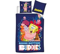 Parure da letto Bob la Spugna Bikini Bottom Buddies - Copripiumino 135 x 200 cm e federa 80 x 80 cm - 52% cotone 48% poliestere - blu navy - licenza ufficiale Nickelodeon