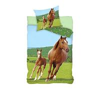 Parure de Lit Cheval et Poulain 100% Coton - Housse de Couette 140x200 cm + Taie d'oreiller 65x65 cm