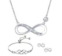 Parure di Gioielli da Donna Collana Bracciale Orecchini Set con Simbolo Infinito di Zirconi in Argento 925 Regolabile Collane Bracciali per Lei Donna Moglie Mamma