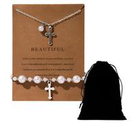 Parure di Gioielli da Ragazze Bracciale di Perle con Croce Croce Pendenti Collana con Perline Rotonde Set di Regali per la Prima Comunione per Ragazza Bellissimo Regalo per Ragazze