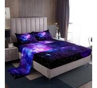 Parure di lenzuola elegante per letto king size, motivo con galassia viola, con lenzuolo di sopra e lenzuolo con angoli, per bambini e ragazzi, con cielo stellato, universo e stelle