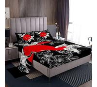 Parure di lenzuola per letto king size, 4 pezzi, con lenzuolo con angoli e 2 federe, motivo 3D in stile Ukiyoe giapponese, con gru cinese, fiori di Hokusai e sole, per bambini e ragazzi