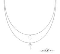 Parure Donna Catena Doppio + Ciondoli Cuore Chiave IN Acciaio Argento O Rame
