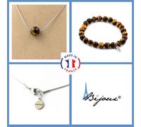 Parure Gioielli Braccialetto Collana 1 Perla Occhio di Tigre 8 Mm. Catena IN per