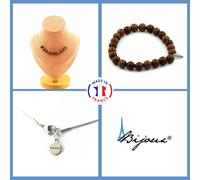 Parure Gioielli Braccialetto Collana 10 Perline Legno 8 Mm. IN Acciaio Taglia