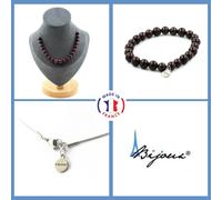 Parure Gioielli Braccialetto Collana 20 Perle Granato 8 Mm. IN Acciaio Taglia Pe