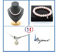 Parure Gioielli Braccialetto Collana 20 Perle Quarzo Rosa 8 Mm. Catena IN per