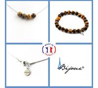 Parure Gioielli Braccialetto Collana 4 Perle Occhio di Tigre 8 Mm. Catena IN Pe