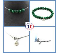 Parure Gioielli Braccialetto Collana 5 Perle Malachite 8 Mm. Catena IN Taglia