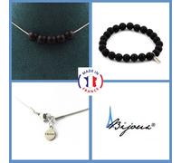 Parure Gioielli Braccialetto Collana 5 Perle Onice Nero Opaco 8 Mm. Catena IN Pe