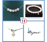 Parure Gioielli Braccialetto Collana 5 Perle Quarzo Rosa 8 Mm. Catena, Taglia Vs