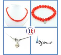 Parure Gioielli Braccialetto Collana Calcedonio Rosso 8 Mm. Catena IN Taglia P