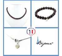 Parure Gioielli Braccialetto Collana Perle Granato 8 Mm. IN Acciaio Taglia Perso