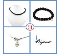 Parure Gioielli Braccialetto Collana Perle Onice Nero Opaco 8 Mm. Catena IN Pers