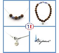 Parure Gioielli Braccialetto Collana Perline Legno 8 MM + Diaspro Blu D'Taglia P