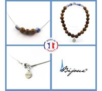 Parure Gioielli Braccialetto Collana Perline Legno 8 MM + Diaspro Blu D'Taglia S