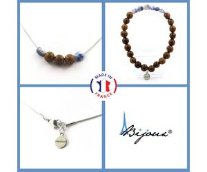 Parure Gioielli Braccialetto Collana Perline Legno 8 MM + Diaspro Blu D'Taglia S