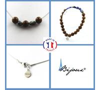 Parure Gioielli Braccialetto Collana Perline Legno 8 MM + Lapislazzuli Del