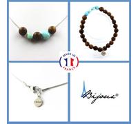 Parure Gioielli Braccialetto Collana Perline Legno 8 MM + Pietra Larimar, Taglia