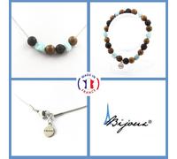 Parure Gioielli Braccialetto Collana Perline Legno + Lava + Pietra