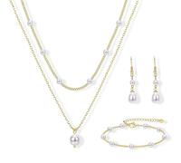 Parure Gioielli di Perle per Donne Anallergico Placcato in Oro Set di Collana Bracciale Orecchini Eleganti Perle Pendenti Collana Bracciale Lunghi Orecchini Set Gioielli da Sposa per Festa (Oro2)