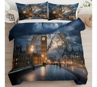 Parure letto con Copripiumino e 2 Federa Matrimoniale Multicolore 200 x 200 cm, Parure Copripiumino Luxury Morbida Microfibra con Stampa - Torre Dell'Orologio Moderna E Fantasy