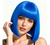 PARXITN Bob Parrucca con frangia blu parrucca capelli sintetici lunghezza spalla partito cosplay ondulato parrucche per donne ragazze