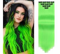 PARXITN Extension colorate per capelli, 10 pezzi, 50 cm, colore verde erba, clip in extension per capelli per donne e feste in costume