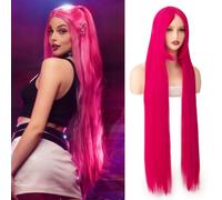 PARXITN Parrucca da donna rosa brillante con frangia lunga 100 cm ondulata riccia per donne cosplay Halloween costume carnevale