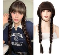 PARXITN Parrucca per cosplay marrone, vestibilità regolabile, parrucche lunghe doppie intrecciate con frangia per Halloween, per feste, carnevale, donne