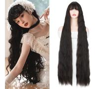 PARXITN Parrucca sintetica extra lunga 100 cm con frangetta di mais riccia nera Lolita parrucca per donne cosplay party Halloween costume parrucca