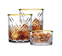 Pasabahce 96818 Timeless Golden Touch - Set di 3 bicchieri da whisky con design retrò, 2 bicchieri da whisky e 1 ciotola di cristallo