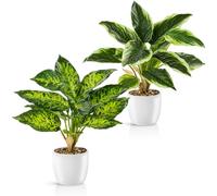 PASCH Set di 2 piante artificiali tropicali come reali (38 cm) in vasi di ceramica bianche, piante artificiali come reali, piante artificiali grandi e finte