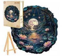 PASJO Puzzle in legno per adulti, 3D, motivo: fiori di loto di notte, 300 pezzi, scatola di legno, mini cavalletto