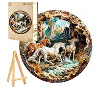 PASJO Puzzle in legno per adulti, effetto 3D, 300 pezzi, cavalli selvatici in galoppo, con mini cavalletto in legno e scatola di legno