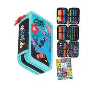 PASO - Astuccio a 3 scomparti - Astuccio per ragazze - Astuccio a 3 scomparti - Astuccio imbottito per la scuola e il quaderno dei compiti a casa - Stitch