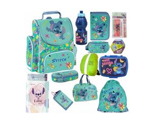 PASO - Set di 14 zaini per la scuola per ragazzi e ragazze, zaino per la scuola per bambini con astuccio - Borsa per scarpe borraccia e contenitore per il pranzo - Motivo Stitch - 1-3 classe